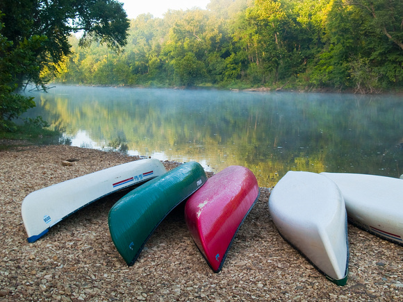 Canoes along the shore at Tyler Bend, Buffalo National River, Ar